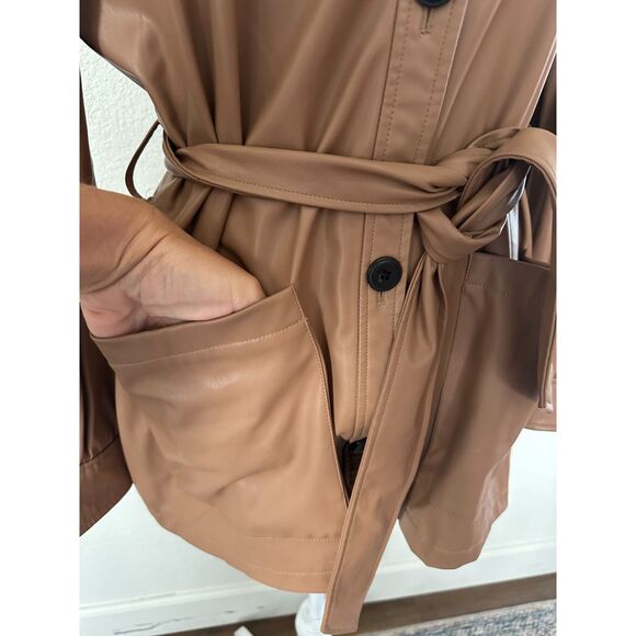 ZARA Vegan Leather Jacket Camel Short Trench Coat Size Medium - Picture 4 of 11